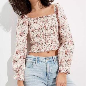American Eagle Floral Smocked Crop Top Puff Sleeve Square Neck Cottagecore Sz M